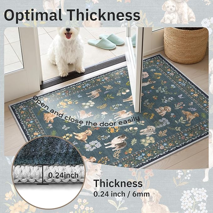 Soalmost Dog 6x9 Area Rugs for Living Room, Machine Washable Animal Floral Vintage Rug Non-Slip Low Pile Soft Throw Rugs for Bedroom Dining Room Kitchen Nursery Playroom (6 x 9,Navy Blue)