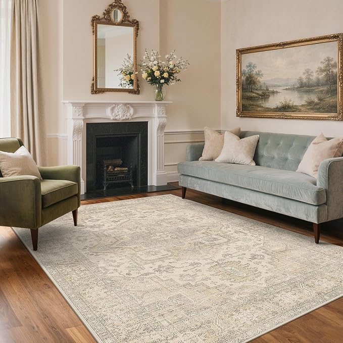 GENIMO 5x7 Area Rugs for Living Room, Machine Washable Non Slip Rugs, Low Pile Lightweight Print Rug for Bedroom, Dining Room, Home Office, Vintage Boho Brown
