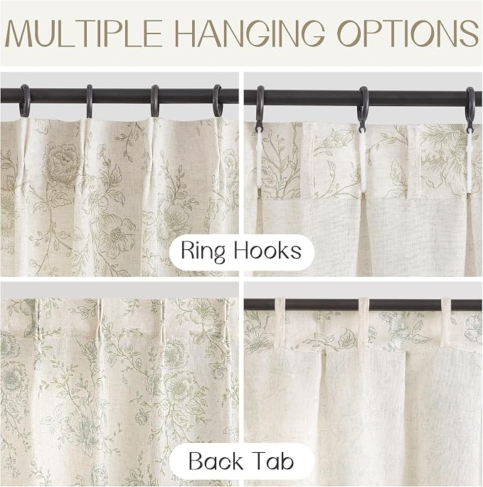Pinch Pleated Floral Linen Curtains 84 inch Long Green and Cream Memory Trained Curtain Light Filtering Living Room Farmhouse Flower Pattern Printed Pinch Pleat Drapes with Hooks 2 Panels 40“W x 84"L