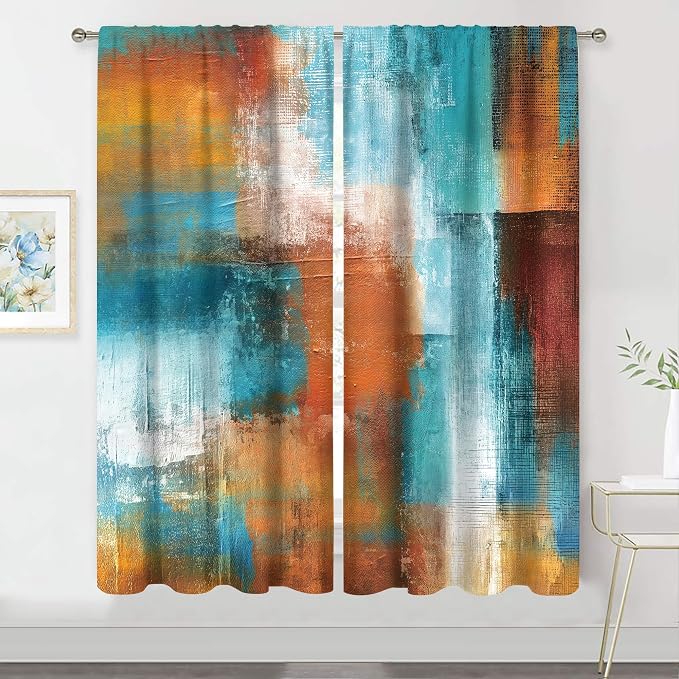 MESHELLY Abstract Brown Teal Curtains 42W x 63H Inch Rod Pocket Rust Burnt Orange Turquoise Art Painting Modern Contemporary Watercolor Cool Oil Print Vintage Living Room Bedroom Window Drapes 2 Panel