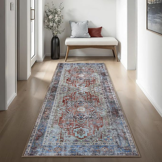 Earth Tones Oushak Runner Rug Hallway 2'5x7' - Traditional Washable Vintage Turkish Pastel Runner Rugs with Rubber Backing, Short Runner Rug for Entryway, Laundry, Bedroom, Kitchen, Bathroom