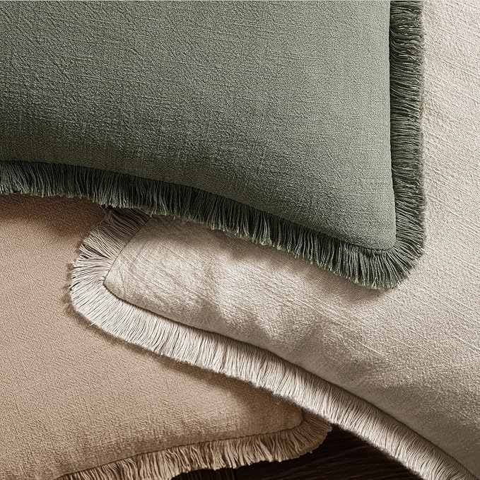 MIULEE Decorative Throw Pillow Covers Neutral Linen Fringe Throw Pillows Set of 2 Camel Boho Farmhouse Cushion Covers with Tassels for Couch Sofa Bed Living Room Spring Decor 18x18 Inch