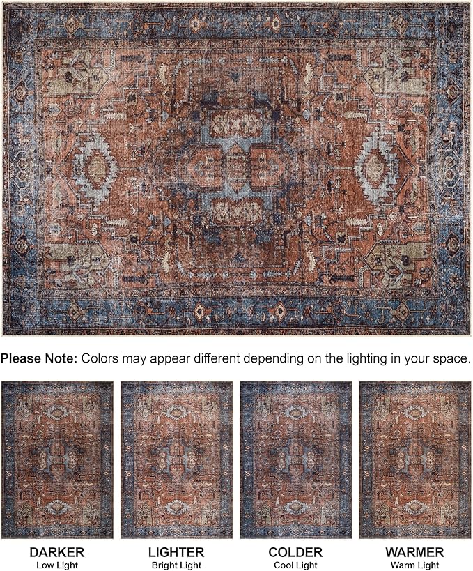 Bloom Rugs Washable 9' x 12' Rug - Terracotta/Blue Traditional Area Rug for Living Room, Bedroom, Dining Room, and Kitchen - Exact Size: 9' x 12'