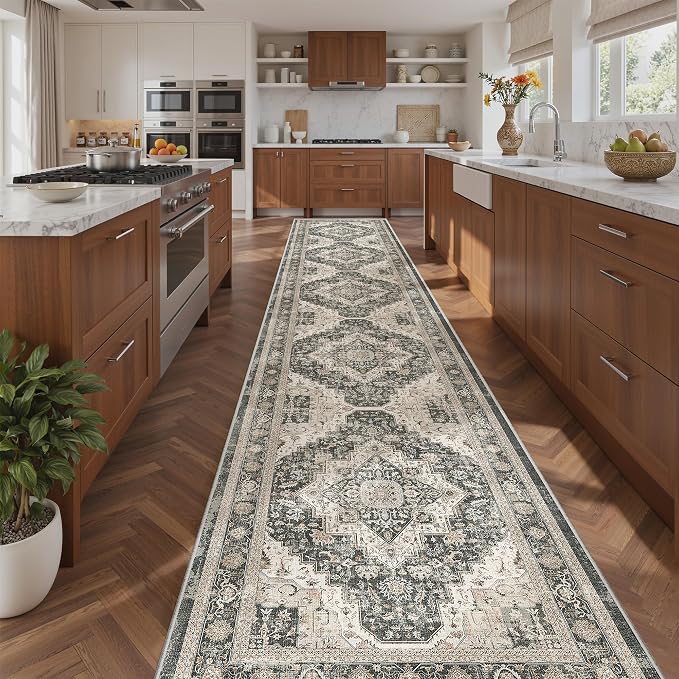 Roxstand Washable 2.6x14 Hallway Runner Rug, Black/Beige | Low-Pile Carpet, Non-slip Backing,14ft Runner, Stain Resistant, Runner for Kitchen, Laundry Room, Entryway, Vintage Design