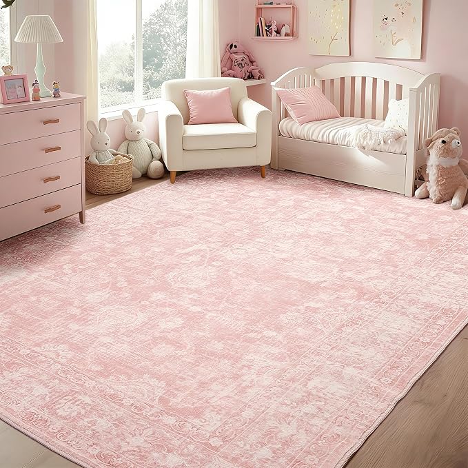 FROZZUR Boho Pink Area Rug 6x9 Large Vintage Rug for Living Room Bedroom Dining Table, Non Slip Distressed Washable Rugs for Home Office Decor Pink