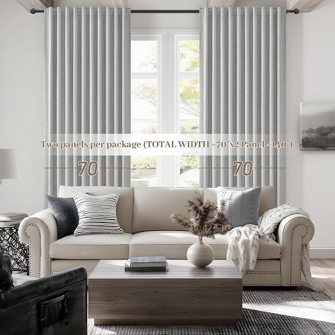 Gray Blackout Curtains 70 Inches Extra Wide Linen Curtains 96 Inch Length for Kids Boys Room/Nursery, Pleated Bedroom Thermal Drapes for Winter Thick Window Energy Efficient 70"W x 96"L 2 Panels