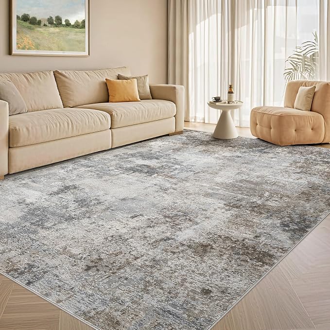 Tortania Washable 8x10 Area Rug for Living Room: Modern Abstract Neutral Large Soft Thin Rugs - Non Slip Indoor Carpet for Bedroom Dining Room Office Nursery Home Floor Decoration - Ash Taupe