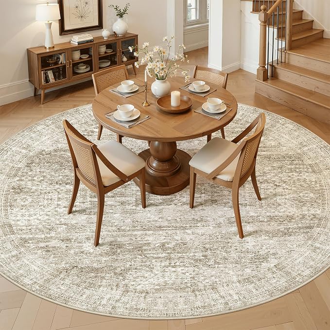 Soalmost 9x9 Brown Round Rug 9ft Living Room Circle Rug Vintage Round Area Rug Non Slip Indoor Carpet for Apartment