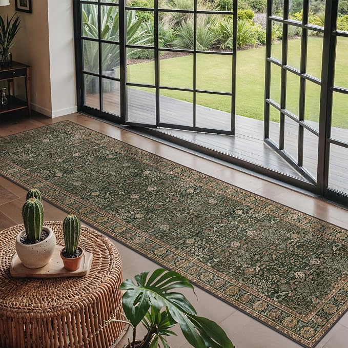 Bavni Washable Rug Runners for Hallways-Vintage Runner Rug 2x8 Low Pile Floral Rugs, Non-Slip Indoor Throw Carpet for Living Room Bedroom Kitchen, Dark Green/Multi