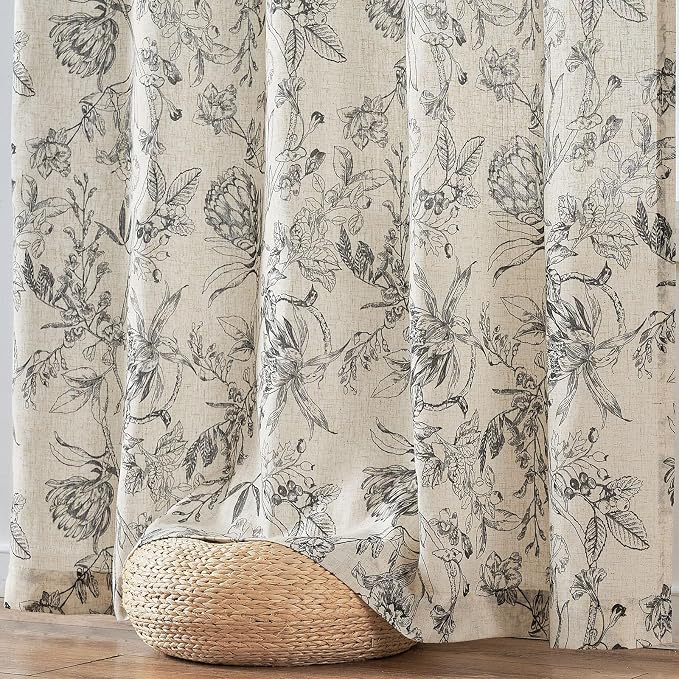 jinchan Floral Curtains 84 Inches Long Black Flower Linen Farmhouse Curtain for Living Room French Country Vintage Curtain Rod Pocket Curtains Set 2 Panels Balck Floral Printed