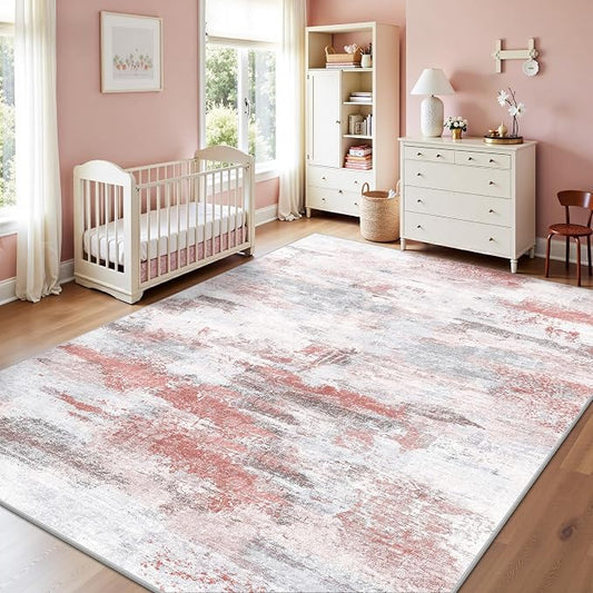 8x10 Rugs for Living Room - Modern Abstract Washable Rug, Ultra Soft Non Slip Low Pile Large Rugs, Floor Carpet for Bedroom Dining Room Office Laundry Nursery Home（Pink & Grey）