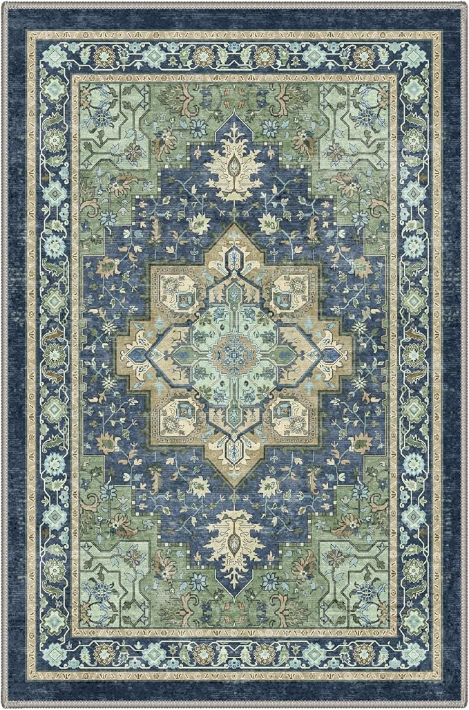 GENIMO Area Rug 2x3 Doormat, Machine Washable Low Pile Rugs, Small Retro Entryway Mat for Entrance, Hallway, Kitchen and Corridor, Green & Navy