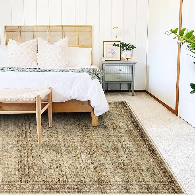 CHAMPLANT 5x7 Washable Area Rug Vintage Brown Traditional Floor Cover Foldable Thin Rug Kitchen Accent Rug Indoor Distressed Non Slip Carpet Floral Print Mat Bedroom Living Room Bathroom