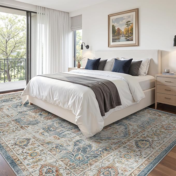 befbee Washable Rug 8x10 Area Rugs for Living Room - Stain Resistant Non-Slip Backing Rugs for Bedroom - Vintage Large Area Rug (Navy, 8'x10')