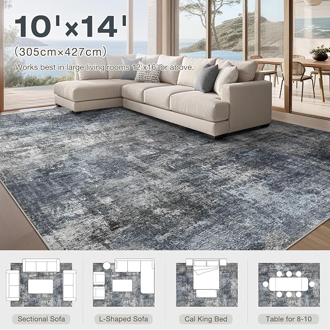 Abstract 10x14 Area Rug: Machine Washable Non Slip Ultra Thin Low-Pile Carpet, Soft Stain Resistant for Living Dining Room Bedroom, Kid Pet Friendly, Robot Vacuum Compatible - Dark Grey/Blue