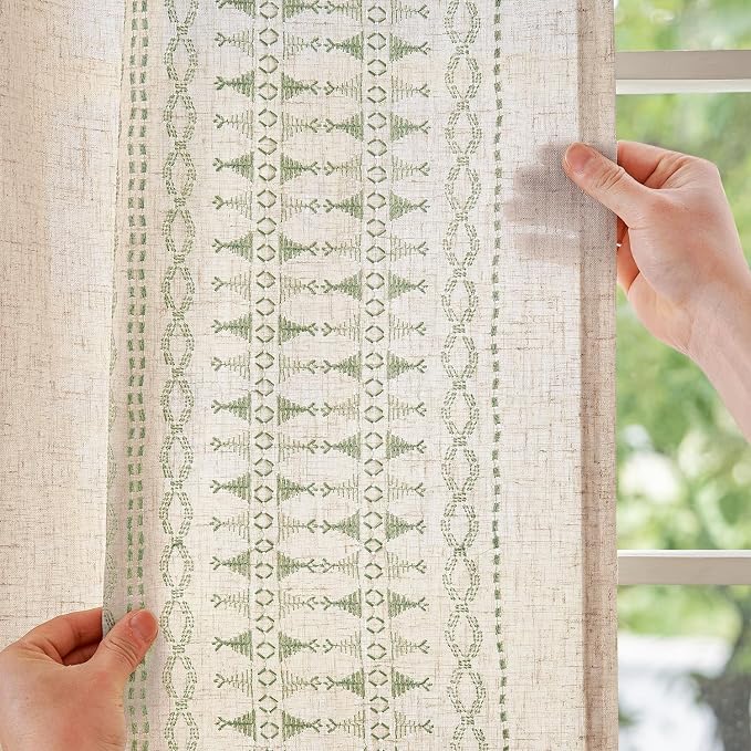 jinchan Boho Curtains for Bedroom Linen Blend Curtains Sage Green Embroidered Bordered Living Room Drapes 96 Inch Length Light Filtering Grommet Window Treatments 2 Panels Sage on Beige