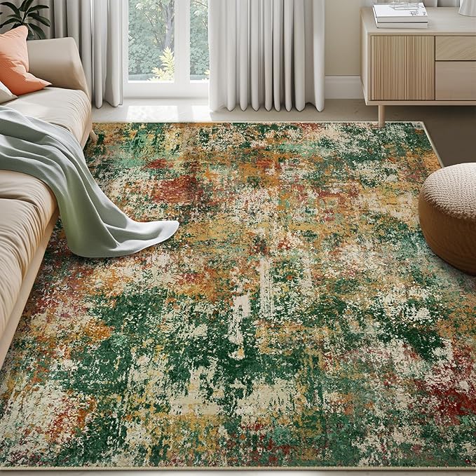 RELEANY Washable Area Rugs 5'x8' Non-Slip Modern Abstract Soft for Living Room Entryway Bedroom Kitchen, Print Pattern, Green Orange Rust Red Cream Colorful