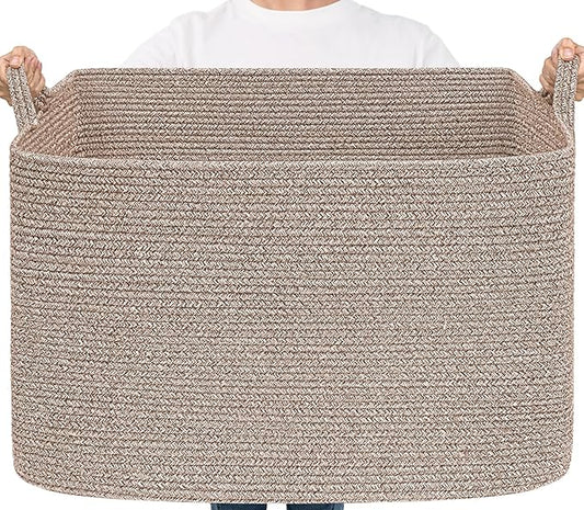 Goodpick 105L Large Woven Storage Basket, Rectangle Cotton Rope Basket for Blankets, Clothes, Oversized Toy Storage Organizer for Living Room, Nursery, 25"x16"x16", Brown