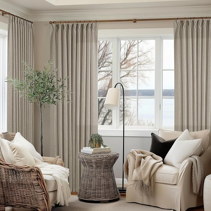 Pinch Pleated Linen 102 Inch Curtains 60 Inch Width for Living Room Divider Light Filtering Semi Sheer Burlywood Taupe Extra Wide Patio Curtains for Sliding Door Floor Ceiling Picture Window 60x102