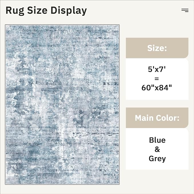 Soalmost Abstract Rug 5x7 Machine Washable Area Indoor Blue Low Pile Non-Slip Foldable Thin Accent Rugs for Bedroom Living Room Dining Room