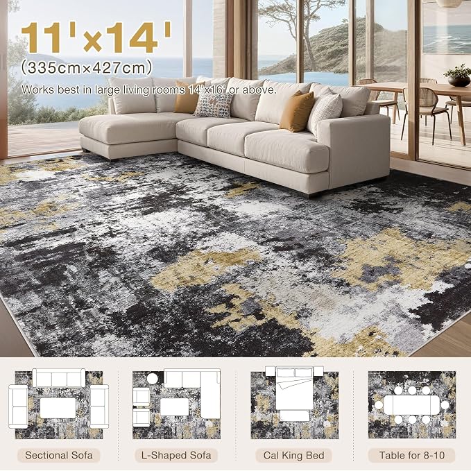 Abstract 11x14 Area Rug: Machine Washable Non Slip Ultra Thin Low-Pile Carpet, Soft Stain Resistant for Living Dining Room Bedroom, Kid Pet Friendly, Robot Vacuum Compatible - Black Gold