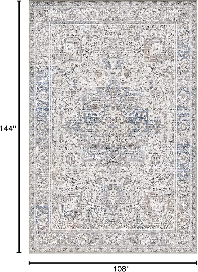 GENIMO 9x12 Area Rugs for Living Room, Machine Washable Non Slip Vintage Rugs, Low Pile Lightweight Chenille Print Rug for Bedroom, Dining Room, Home Office, Rustic Brown