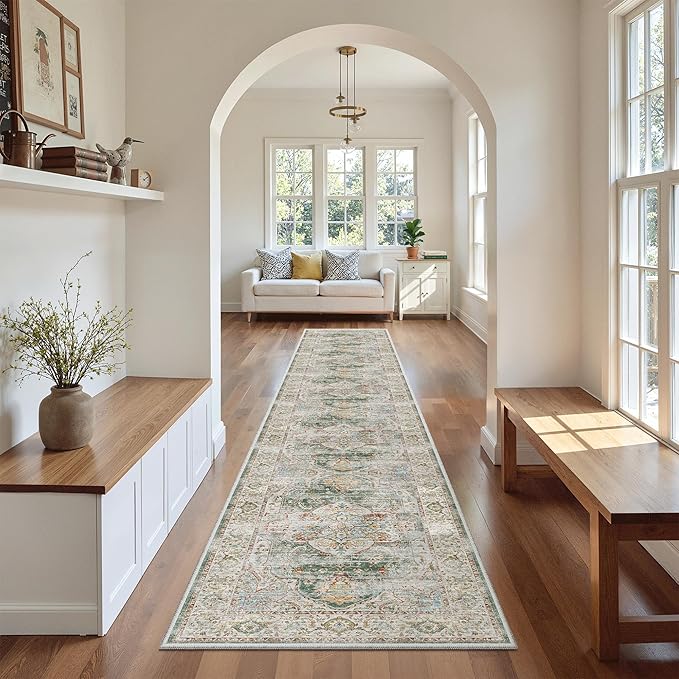 Madane Washable Runner Rugs 2x12 Long for Hallway Kitchen Soft, Green | Non-Slip Vintage Printed 12ft Rug Runners with Rubber Backing, Low-Pile Floor Carpet Laundry Room Entryway, Corridor