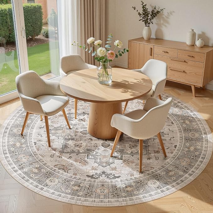 8ft Round Area Rug: Washable Vintage Neutral Soft Non Slip Thin Large Floor Carpet for Living Room Bedroom Kitchen Dining Room Home Office Farmhouse Indoor - Taupe