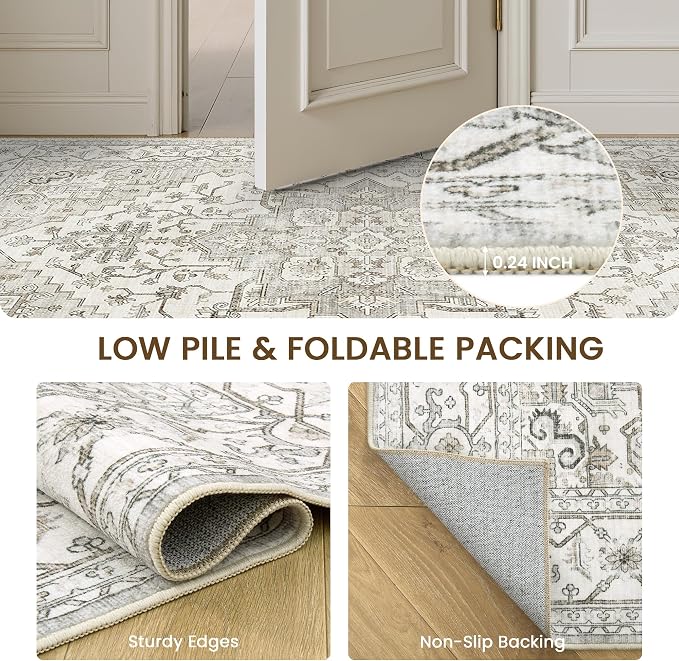 Area Rugs for Living Room - 3x5, Boho Non-Slip Low Pile Carpet Machine Washable Rugs for Bedroom, Farmhouse, Office, Dining Room (Beige)