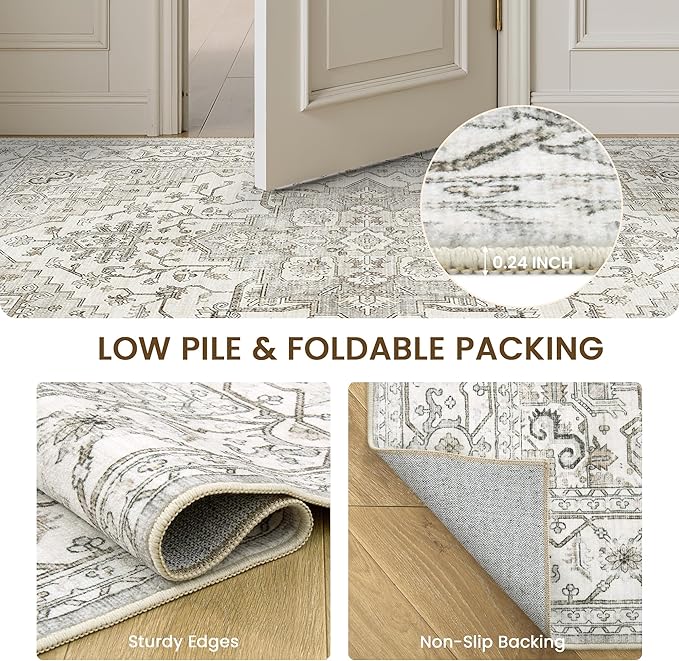 Washable 7x9 Area Rug for Living Room,Vintage Floral Large Rugs with Non Slip Backing Stain Resistant Carpet for Bedroom Indoor Soft Carpets Home Decor,Beige