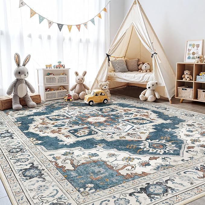 10x12 Washable Area Rug: Vintage Neutral Soft Non Slip Thin Large Floor Carpet for Living Room Bedroom Kitchen Dining Room Home Office Farmhouse Indoor - Blue