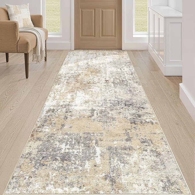 Runner Rug Kitchen Washable Rugs: 2x10 Non-Slip Abstract Soft Modern Stain Resistant Indoor Floor Neutral Accent Throw Carpet for Hallway Bathroom Laundry Room Entryway Bedroom- Gray Gold