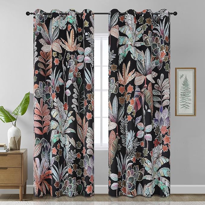 Estelar Textiler Boho Victorian Floral Blackout Curtains for Bedroom 90 Inches Long,Grommet Room Darkening Thermal Insulated Curtains & Drapes for Living Room Darkening,52Wx90L,Black