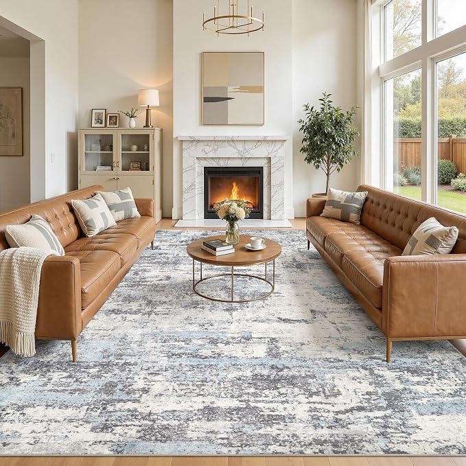 10x12 Area Rugs for Living Room: Abstract Washable Rug Modern Neutral Large Soft Stain Resistant Non-Slip Backing Machine Table for Bedroom Dining Room Indoor Home Office Carpet - Blue Grey
