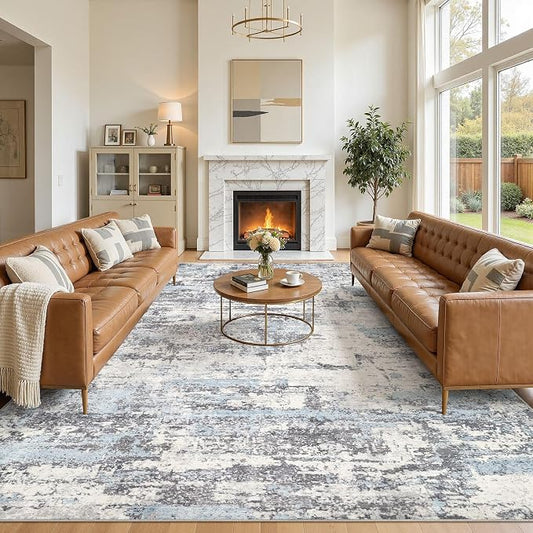 10x12 Area Rugs for Living Room: Abstract Washable Rug Modern Neutral Large Soft Stain Resistant Non-Slip Backing Machine Table for Bedroom Dining Room Indoor Home Office Carpet - Blue Grey