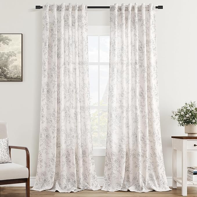 Vintage Floral Curtains 90 inch Length 2 Panels Set for Living Room Grey and Cream Printed Curtains Back Tab Neutral Farmhouse Bedroom Curtains Cottage Style Pretty Flower Patterned Linen Drapes
