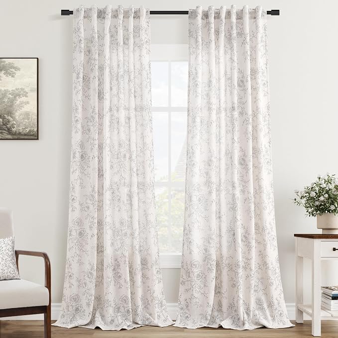 Meikelor Vintage Floral Curtains - 95 Inch Long Grey Patterned Sketch Print Burlap Textured Farmhouse Country Shabby Chic Back Tab Cream Linen Drapes for Living Room and Bedroom