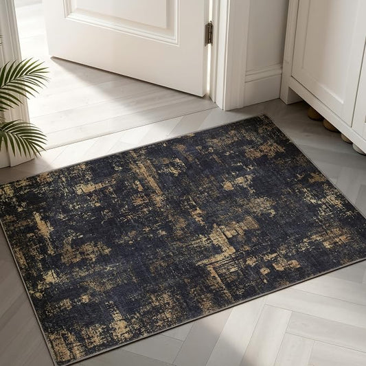 Sasttie 2x3 Area Rug for Entryway, Washable Modern Abstract Small Carpet for Living Room Bedroom Door-mat, Soft Entry Rug with Non-Slip Backing, Black and Gold