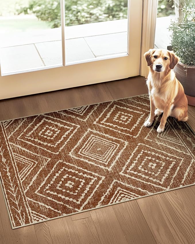 BESTSWEETIE Area Rug 2x3 Rug Machine Washable Non-Slip Low Pile Print Pattern Western Rug for Living Room Bedroom Entryway Tribal Series -Yellowbrown/Cream