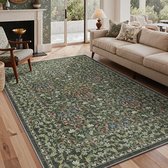 GENIMO 5x7 Washable Area Rugs for Living Room, Non Slip, Emerald Green | Vintage Boho Floral Low Pile Thin Carpet for Bedroom, Dining Room, Nursery, Indoor Decor