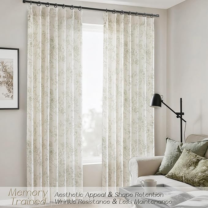 Pinch Pleat Floral Linen Curtains 102 inch Long Green and Cream Memory Trained Curtain Light Filtering Living Room Farmhouse Flower Pattern Printed Pleated Drapes with Hooks 2 Panels 40“W x 102"L