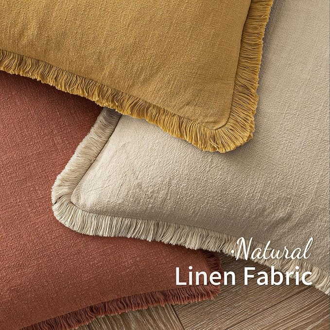 MIULEE Decorative Throw Pillow Covers Neutral Linen Fringe Throw Pillows Set of 2 Late Autumn Boho Farmhouse Cushion Covers for Couch Sofa Bed Living Room Fall Home Decor 18x18 Inch