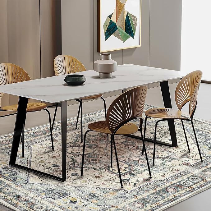 CHAMPLANT Area Rug 5'x7' Cyan Khaki Washable Vintage Traditional Floor Cover Thin Retro Kitchen Indoor Distressed Non Slip Carpet for Living Room Bedroom Dining Room