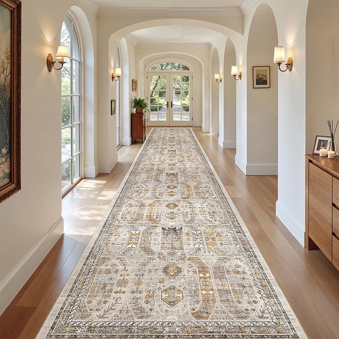 Madane Hallway Runner Rug 3x18 Washable Kitchen Runners 18ft, Brown/Gold | Vintage Non Slip Extra Long Area Rugs , Low-Pile Farmhouse Wide Floor Carpet for Corridor Entryway Bathroom Bedroom