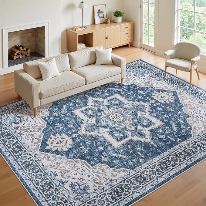 9x12 Area Rugs for Living Room:Blue Washable Vintage Medallion Boho Rug Non-Slip No Slip Stain Resistant Soft Low Pile Large Rugs Indoor Retro Carpet for Bedroom Nursery Dining Office (Blue 9'x12')