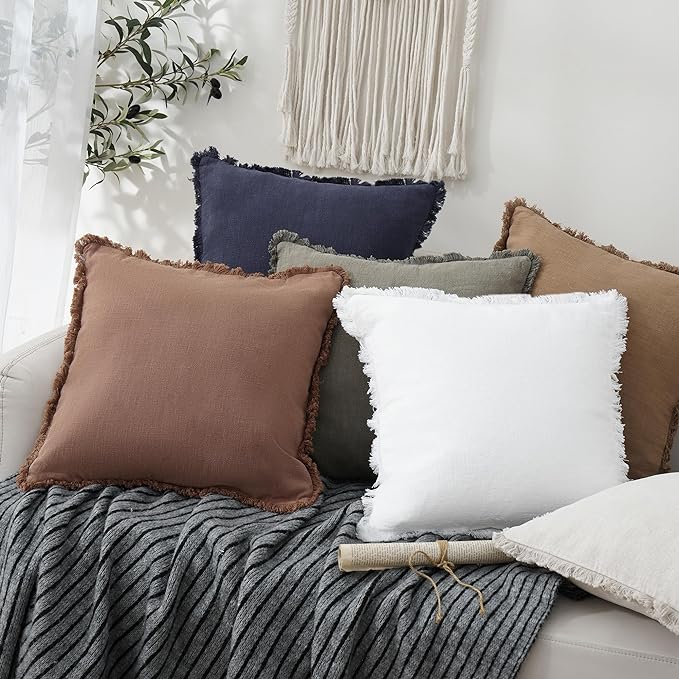 Foindtower Set of 2 Decorative Linen Fringe Throw Pillow Covers Cozy Boho Farmhouse Cushion Cover with Tassels Soft Accent Pillowcase for Couch Chair Sofa Bed Living Home Decor,18×18 Inch,Rust
