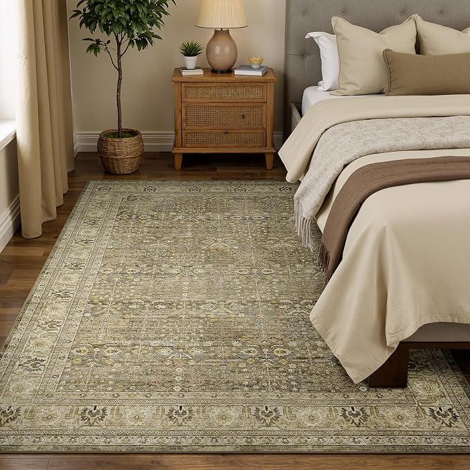 Lofus 5x7 Washable Brown Area Rug for Living Room Bedroom Non-Slip Low Pile | Soft Boho Vintage Area Rugs for Bedroom Dinning Room Home Office Indoor