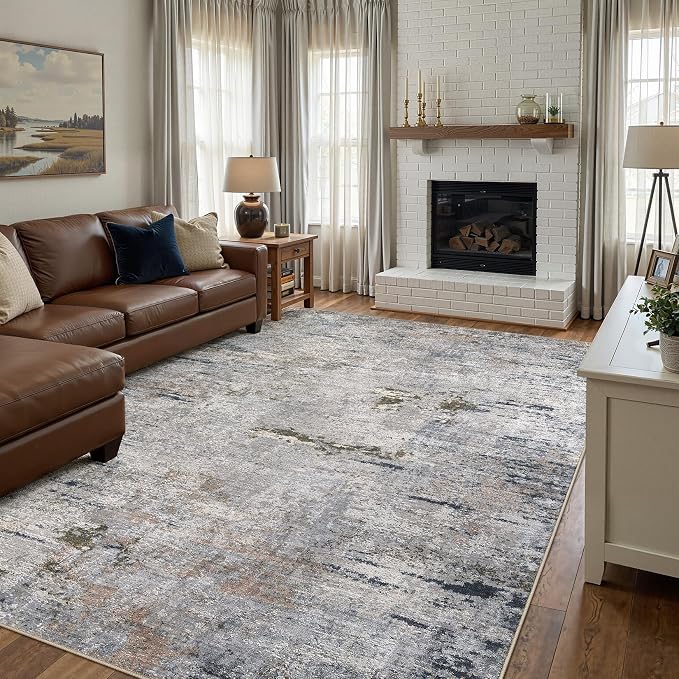 DMOYEST Area Rug Living Room Rugs - 7x9 Washable Large Soft Indoor Neutral Modern Abstract Low Pile Rug Carpet for Bedroom Dining Room Farmhouse Home Office - Blue/Grey/Brown