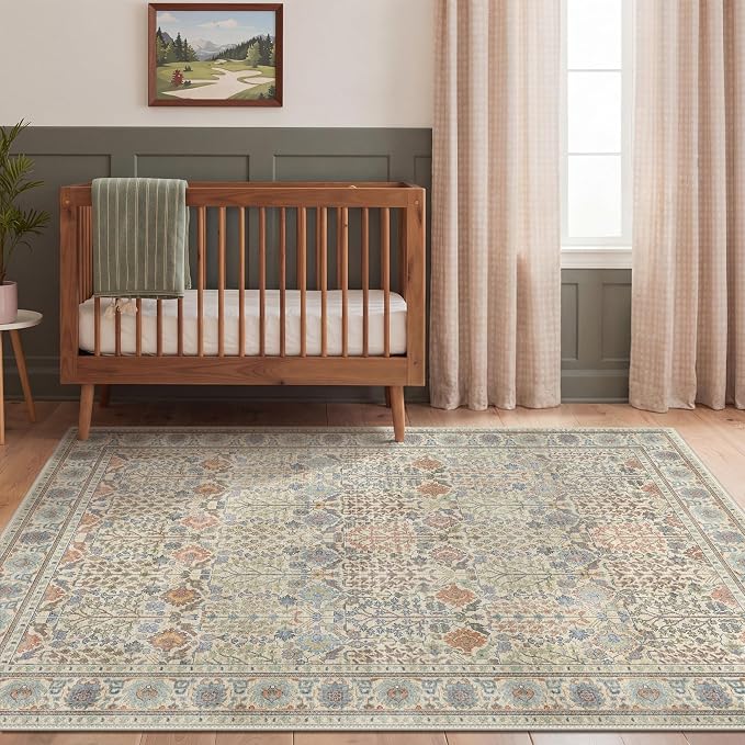 Bavni 2.6x10 Rug Runners for Hallways, Washable Runner Rug Non Slip,Vintage Floral Print Style Rugs for Bedroom-Lightweight Low Pile Carpet for Hallways Bathroom, Earth Yellow
