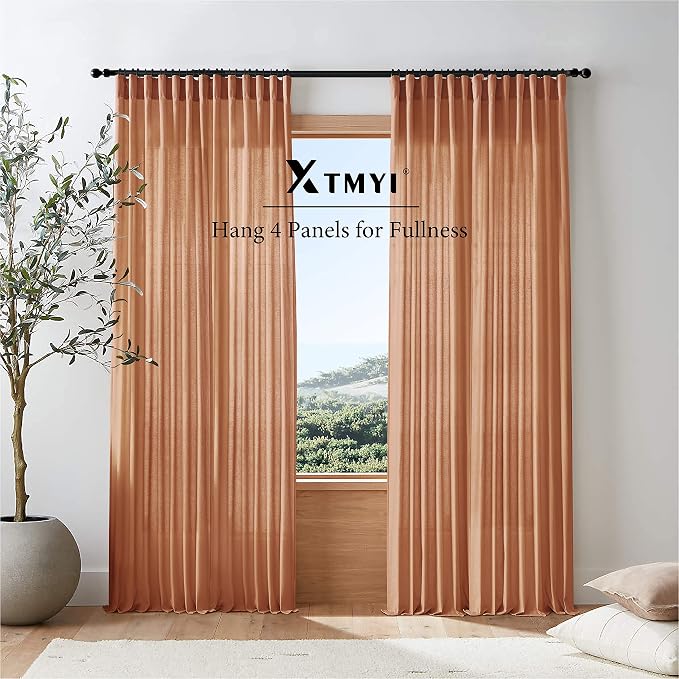 XTMYI Rusty Burnt Orange Curtains 2 Panels,Sheer Linen Medium Dusty Mecca Ocher Tone Rustic Cabin Curtains for Bedroom Living Room,108 Inches Long,Light Brown Red